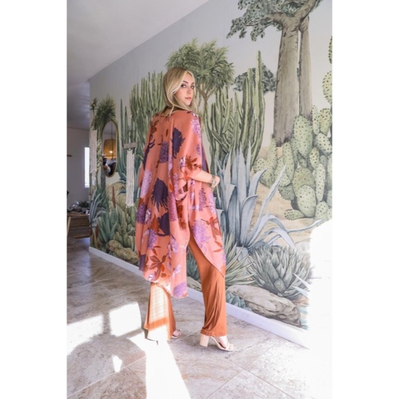 Roseclay Pink Floral Flower Print Motif Kimono Wrap Coverup Open Top Casual - Picture 3 of 3